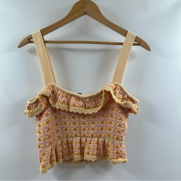 Zara Knitted Tank Top – Light Yellow with Pink & Orange, Ruffled Details - Picture 4 of 5